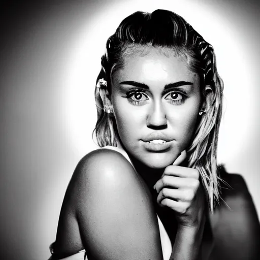 Prompt: accurate portrait of Miley Cyrus, black and white, beautiful, modeling, 40mm lens, lens flares,