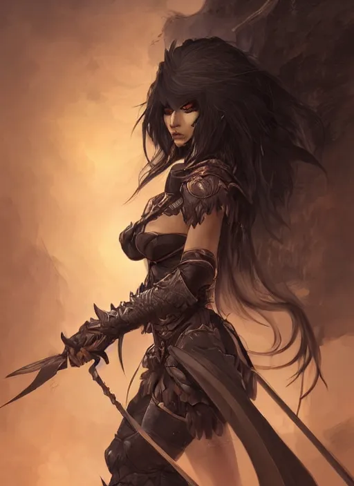 Image similar to beautiful warrior lady, black long hair, practical armor, brown skin, demonic eyes, low fantasy, extremely detailed, sharp focus, smooth, digital illustration, by rossdraws, frank franzzeta, sakimichan