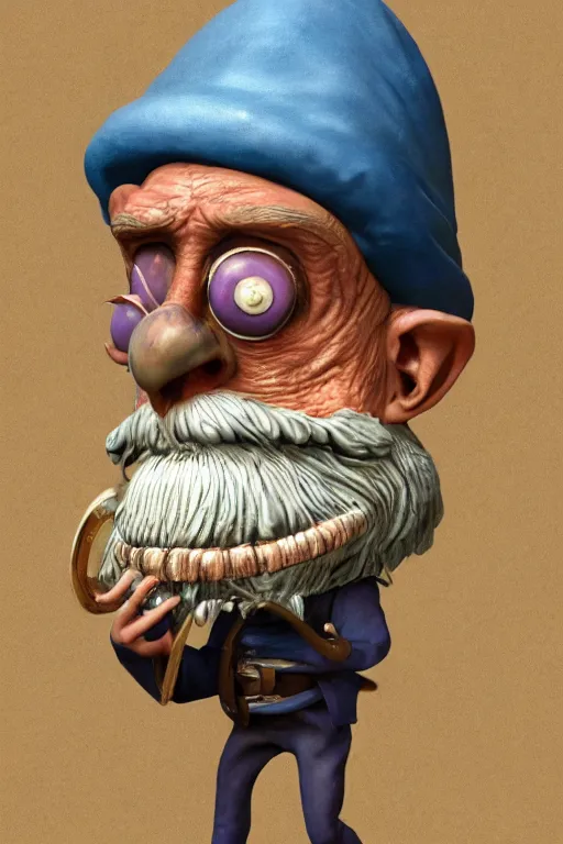 Prompt: a highly detailed painted 3 d model of a blue wrinkled goblin merchant with a mustache and a monocle : 1 | centered, colorful, matte background : 0. 9 | by james gurney : 1. 2 | unreal engine, deviantart, artstation, octane, finalrender, zbrush, keyshot, concept art, hd, 8 k resolution : 0. 8