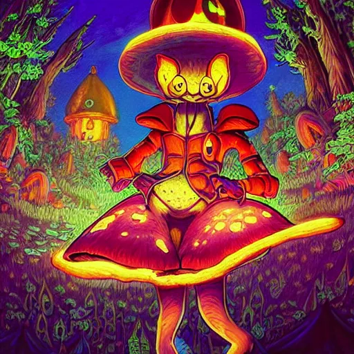 Image similar to 4 k headshot portrait of a psychedelic demonic anthropomorphic bunny rabbit with mushroom themed clothes, magic mushroom village in background by jeff easley, award winning, stylized neon, post - processing, masterpiece, superb resolution. in the art style of junji ito and greg rutkowski. detailed mushroom city in background. hyper realistic anime. perfect art. dalle 2