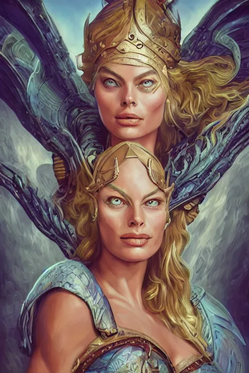 Image similar to A fantasy comic book style portrait painting of Margot Robbie as an Atlantean Reptilian Warrior, Mystical Valkyrie, unreal 5, DAZ, hyperrealistic, octane render, Regal, Refined, Detailed Digital Art, RPG portrait, Michael Cheval, Walt Disney (1937), François Boucher, Oil Painting, Steampunk, dynamic lighting, Highly Detailed, Cinematic Lighting, Unreal Engine, 8k, HD