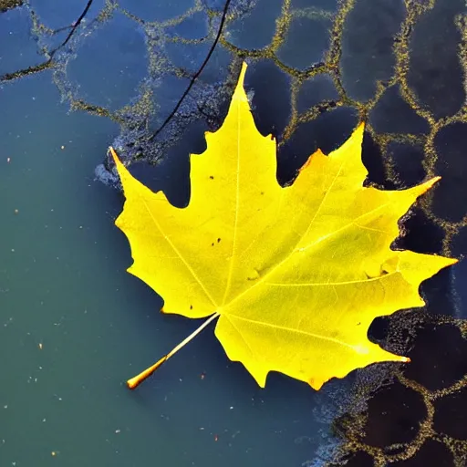 Image similar to close - up of a yellow maple leaf floating on top of a pond