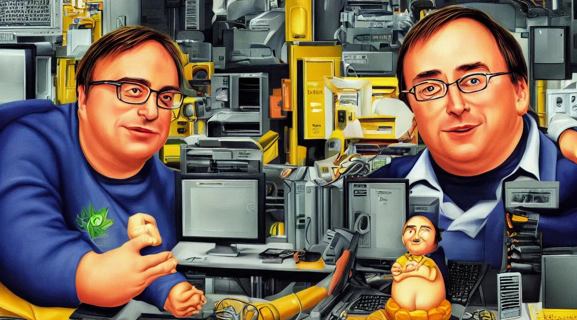 Image similar to Wallpaper of Linus Torvalds in a datacenter painted by fernando botero