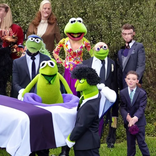 Prompt: a muppet funeral with muppets in attendance