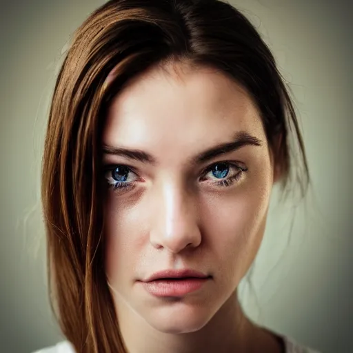 Image similar to first - person photograph of a histerical woman, white space, 4 k, professional photography, extreme detail, realistic facial features, eye contact