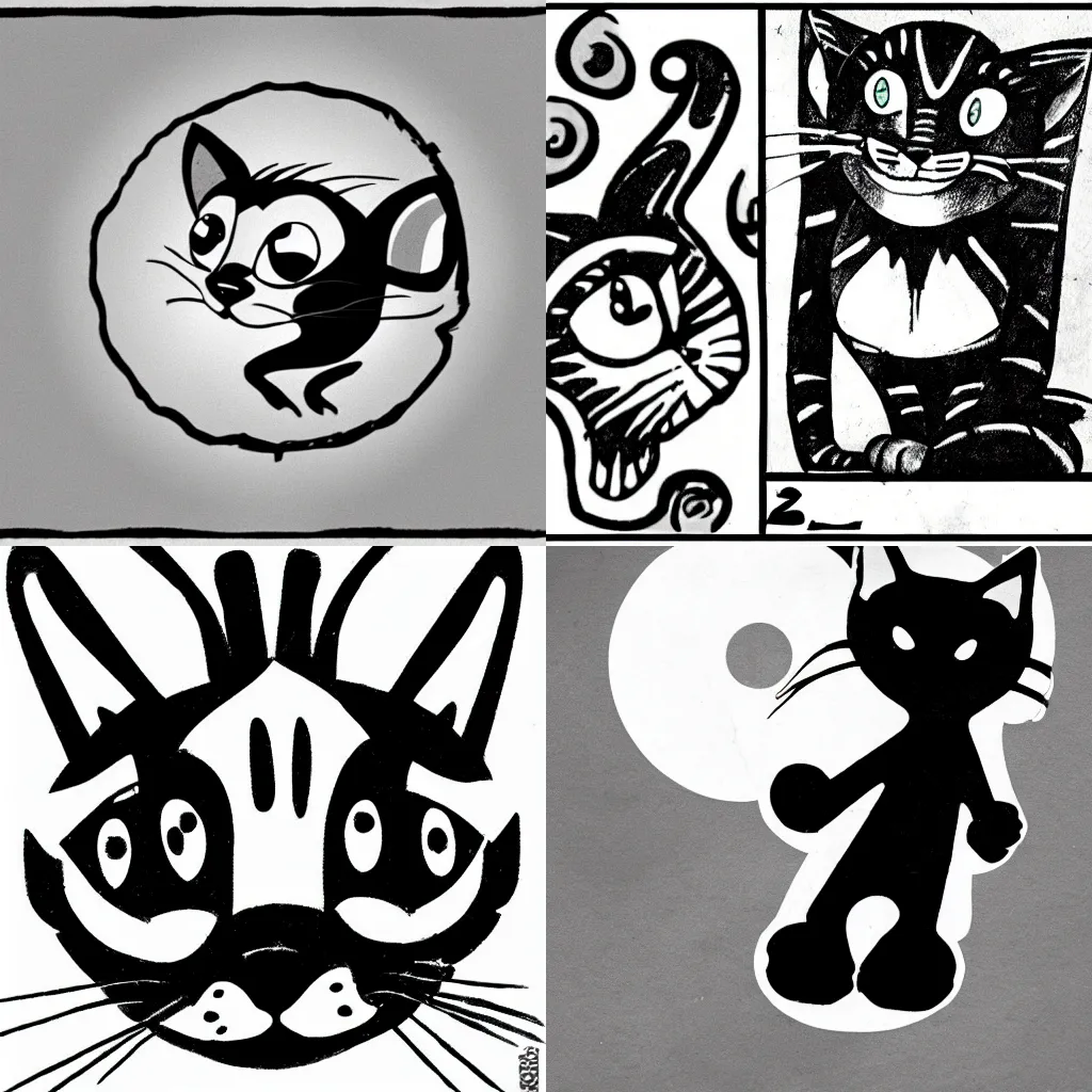 Prompt: cat in 1 9 3 0 s inkblot cartoon style, rubber hose, felix the cat, pie eyes