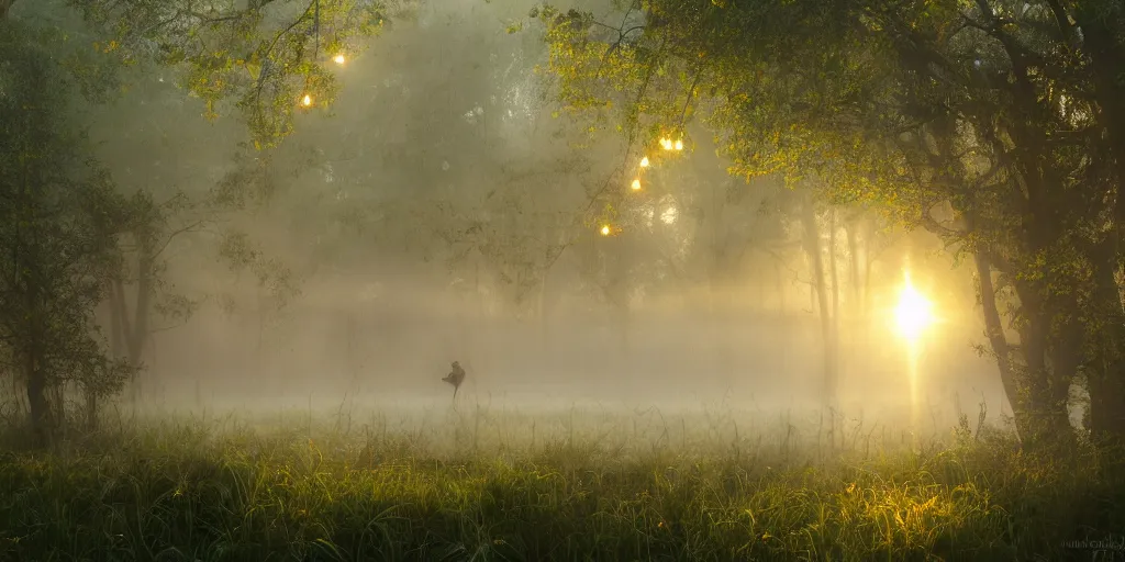 Image similar to misty swamp, hazy fog, sundown golden hour, early morning dance, fireflies and sparkling wisps, sun rays through trees, Lilia Alvarado, Sophie Anderson, Mark Arian, Bob Byerley, Charlie Bowater, Mark Brooks, Steve Henderson, Justin Gerard, Arthur Hughes, Edward Robert Hughes, Mark Keathley, Victor Nizovtsev, Carlos Shwabe, Ross Tran, WLOP