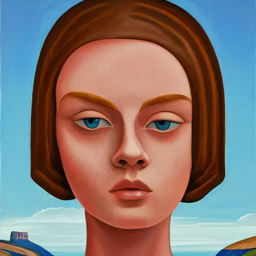 Prompt: professional painting of Elle Fanning in Santorini in the style of George Tooker, head and shoulders portrait, symmetrical facial features, smooth, sharp focus, illustration, intricate, stormy weather, extremely detailed masterpiece,