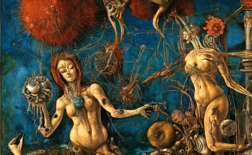 Prompt: an oil painting by arcimboldo, by georgia o keeffe, by botticelli, by giger, by frank frazetta, by gustave moreau, by beksinski, seen through a kaleidoscope, vanity, broken, nerve system, medical