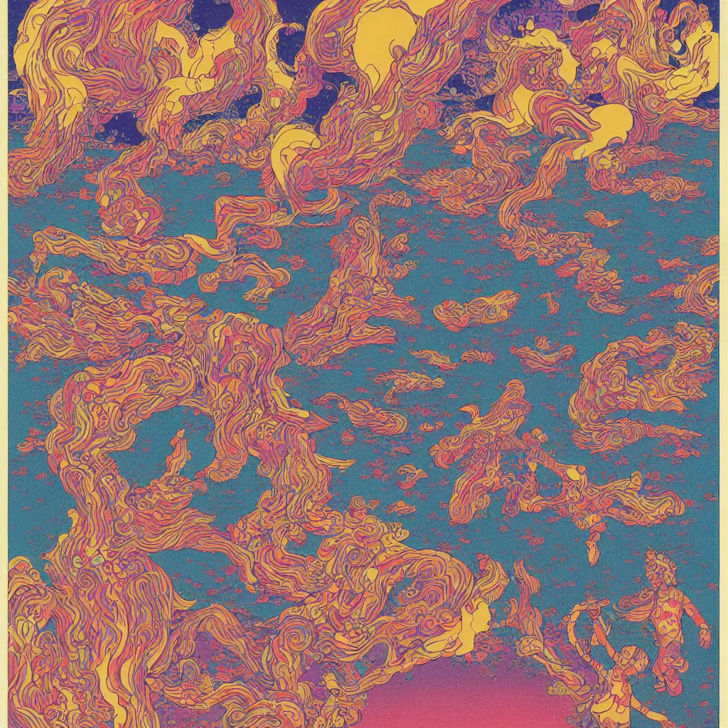 Prompt: a paper blotter tab of LSD acid melting into a surreal psychedelic hallucination, risograph by kawase hasui, moebius and dan hillier, colorful flat surreal design, hd, 8k, artstation