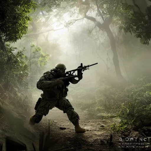 Image similar to Mercenary Special Forces soldier in light grey uniform with black armored vest and helmet launching an ambush attack in the jungles of Tanoa, combat photography by Feng Zhu, highly detailed, excellent composition, cinematic concept art, dramatic lighting, trending on ArtStation