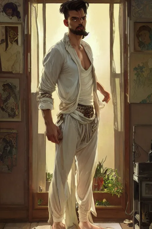 Image similar to full body portrait of a single beautiful young fit man, modern haircut, open shirt, large pants, by greg rutkowski and alphonse mucha, d & d character, in front of a modern room background, highly detailed portrait, digital painting, artstation, concept art, smooth, sharp focus ilustration, artstation hq