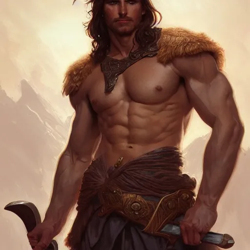 Image similar to portrait of a youthful male barbarian, handsome, toned, D&D, muscular, fantasy, intricate, elegant, highly detailed, digital painting, artstation, concept art, smooth, sharp focus, illustration, art by artgerm and greg rutkowski and alphonse mucha