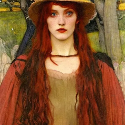 Prompt: A striking Pre-Raphaelite witch with intense eyes and bright red hair, by John Collier, by John William Waterhouse