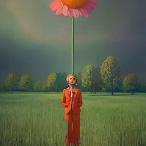 Image similar to giant daisy flower head, standing frontal, a girl in a suit, surreal photography, sunrise, dramatic light, impressionist painting, digital painting, artstation, simon stalenhag