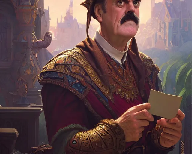 Image similar to john cleese looking totally surprised, photography of kurzgesagt, deep focus, d & d, fantasy, intricate, elegant, highly detailed, digital painting, artstation, concept art, matte, sharp focus, illustration, hearthstone, art by artgerm and greg rutkowski and alphonse mucha