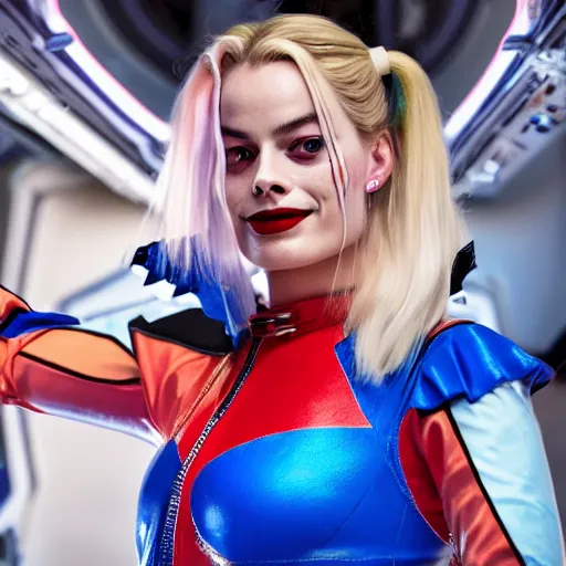 Image similar to photo of Margot Robbie as Harley Quinn floating in the iss, highly detailed skin and face, 8k