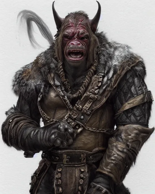 Image similar to A full body shot of a handsome orc looking into the camera wearing a leather fur jacket and boots, full body shot, detailed face, artstation, realistic, highly detailed, symmetrical, hyper realistic, dynamic pose, high detail, octane render, unreal engine, 8k, fantasy art, highly detailed, concept art, art by greg rutkowski