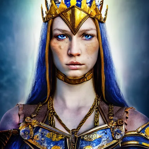 Image similar to beautiful warrior queen with lapis lazuli armour, highly detailed, 4k, HDR, smooth, sharp focus, hyper realistic, high resolution, award-winning photo