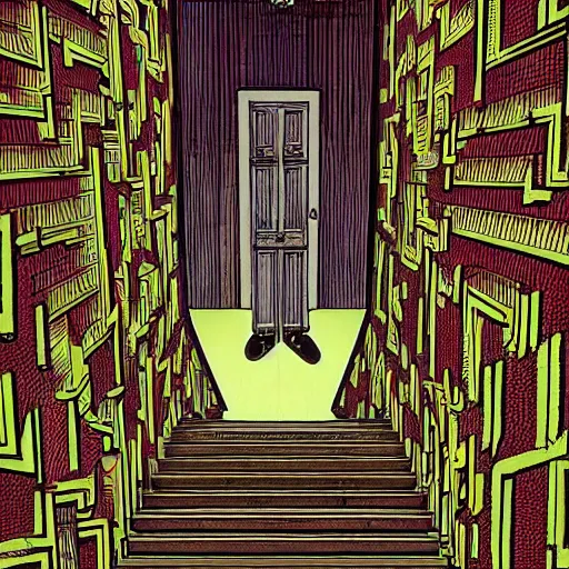 Image similar to a huge bright maze of many doorways and lots of stairs, many doorways, inside a giant mansion, artstation, Junji Ito, epic composition