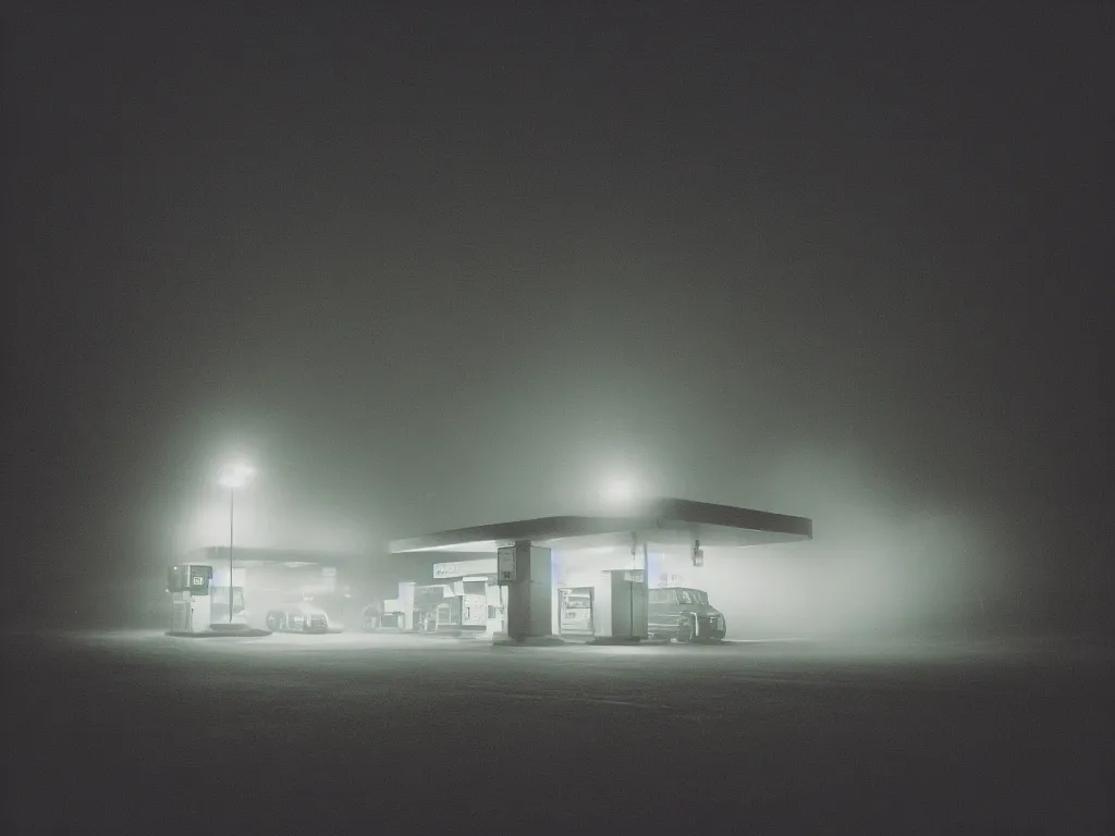 Image similar to “35mm film photography of gas station surrounded by forest, fog, night, mood, cinestill 800t, grain”