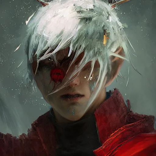 Prompt: Stimulantpunk Jack Frost Magician Portrait portrait portrait Dungeon Interior Man CodeGeass Cover Art Face Head Eyes Snack Warlock Wearing Rouge Vest Ismail Inceoglu Arnold Bocklin Jakub Rebelka dug stanat Anime Brushstrokes Oil Painting Impasto