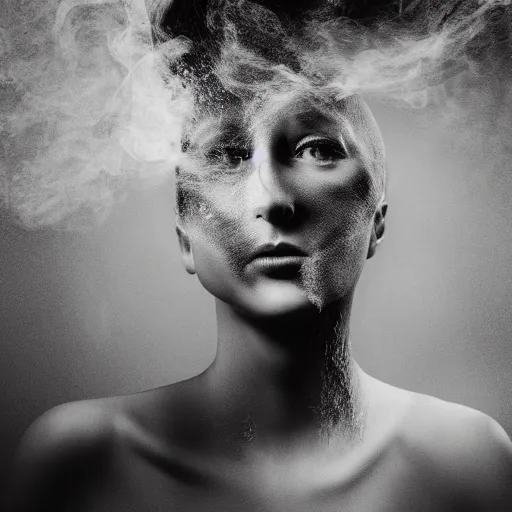 Image similar to full shot of a woman made from white smoke, hair made from black ink fluid in oil, style of roset conrad macrophotography