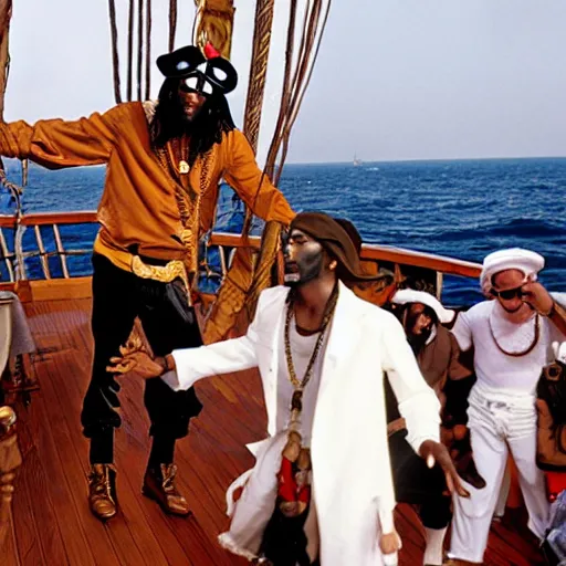 Image similar to a gentleman pirate having a rap battle of the deck of the black pearl with snoop dog, stanley kubrick