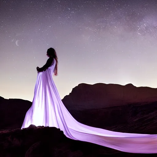 Prompt: photo, a woman in a giant flowing glowing illuminated white dress with an incredibly long train, standing inside a dark western rocky scenic landscape, volumetric lighting