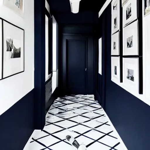 Image similar to minimalist hallway, navy blue and black aesthetic, unknown location, clean, stucco walls, shiny floors, cinematic