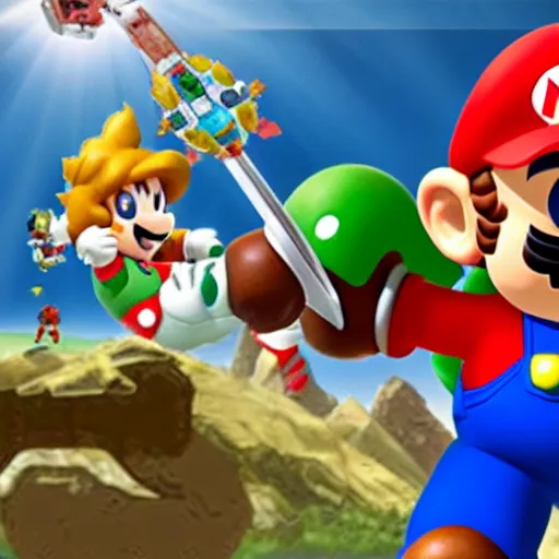 Prompt: mario standing next to link who is riding on samus's shoulders