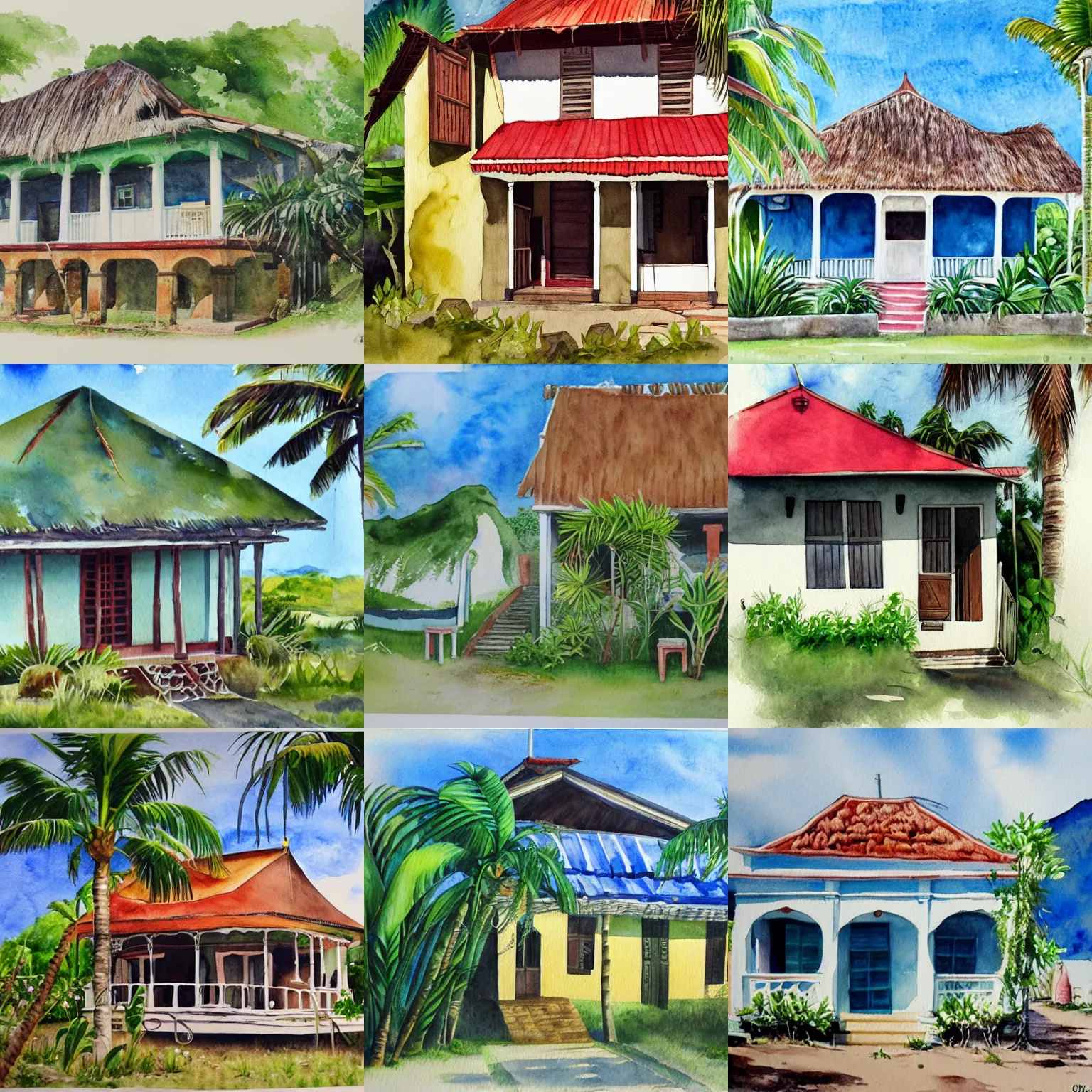 Prompt: traditional creole house from Reunion Island watercolor painting,trending on artstation