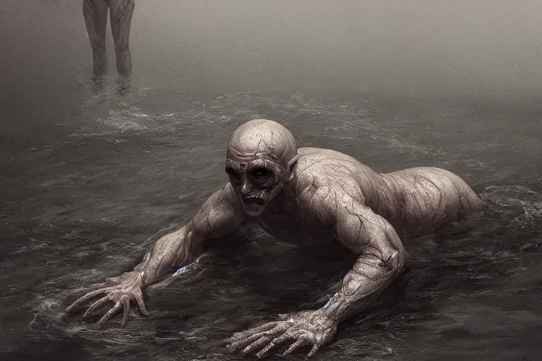 Image similar to a creepy drowned man crawling out of the water, white eyes, slimy, veiny skin, muscles, standing in shallow water, drowned, unsettling, creepy, artstation, cgsociety, illustration