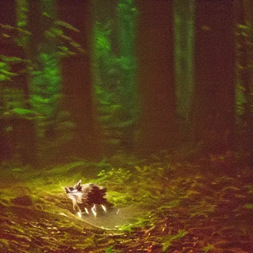 Image similar to midnight trail cam footage of a Sonic the Hedgehog in a dark forest, flash photo, grainy, motion blur