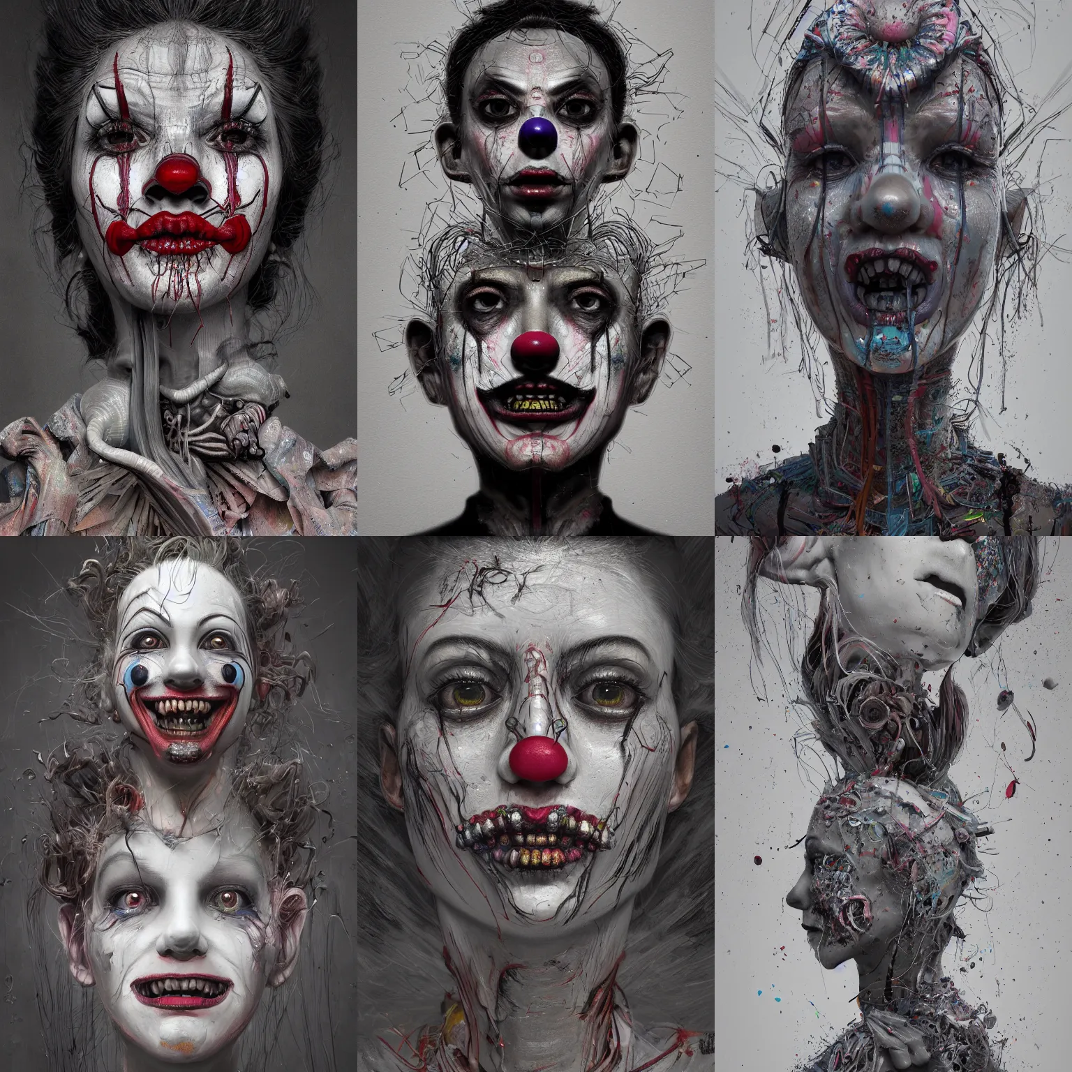 Prompt: portrait clown girl. intricate abstract. intricate artwork. nightmare fuel. terrifying. by Tooth Wu, wlop, beeple, dan mumford. octane render, trending on artstation, greg rutkowski very coherent symmetrical artwork. cinematic, hyper realism, high detail, octane render, 8k, iridescent accents, black and white