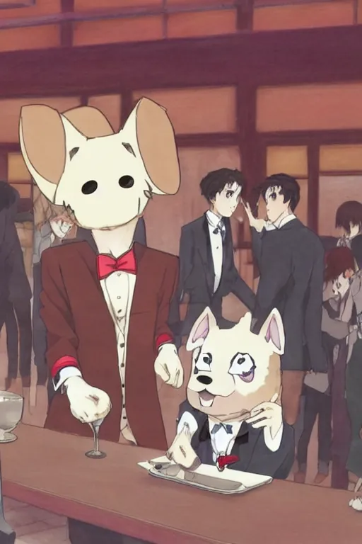 Image similar to an anime drawing of a dog - headed waiter at the reception of a fancy restaurant