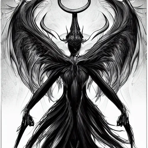 Prompt: hybrid of an angel and demon, made of flowing energy, horns, wings, villain look, trending on arstation HD