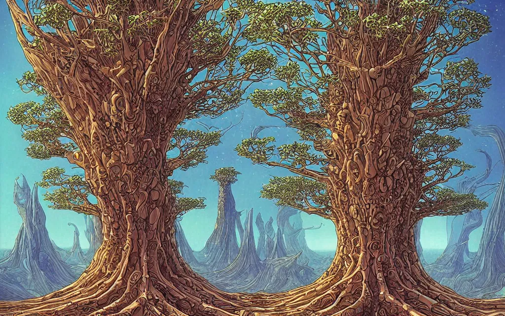 Prompt: futurist cybernetic yggdrasil world tree, future perfect, award winning digital art by moebius