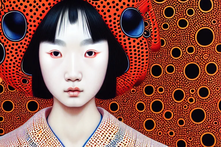 Image similar to hyperrealistic detailed portrait of a geisha, background by yayoi kusama, part by kei mieno, part by ross tran, part by james jean, ultra realistic, highly detailed, symmetrical face, detailed body, 3 d render, very cohesive, masterpiece