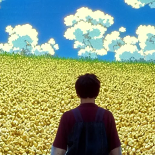 Image similar to man stands on a meadow made of popcorn, studio ghibli