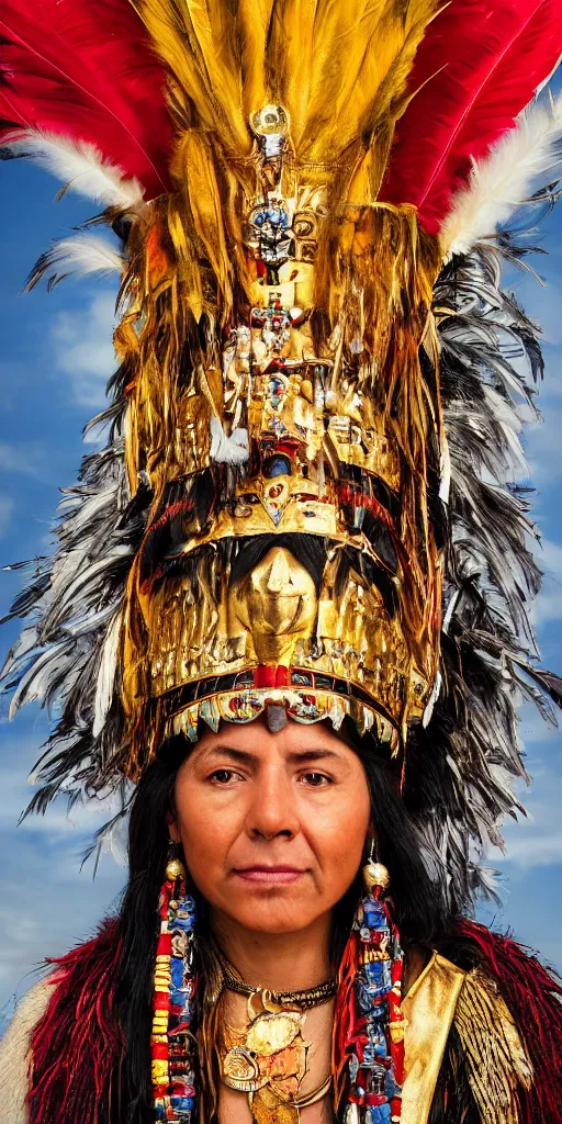 Image similar to portrait of inca king in 1 4 1 8, pacha kutiq inka yupanki. gold jewelry, old headdress with feather, with a red cape. unreal 5, hyper realistic, realistic, photo realistic, dynamic lighting, highly detailed, cinematic landscape, studio landscape, studio lighting