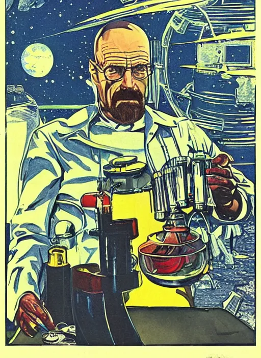 Prompt: Walter White as space wizard in retro science fiction cover by Stanisław Lem, vintage 1970 print