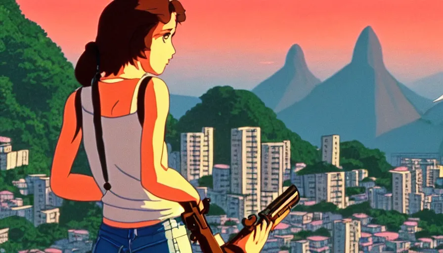 Image similar to 1 9 8 6 movie screencap of a girl with a gun on a rio de janeiro, gucci clothes, studio ghibli sky, beautiful favela background extremely utra high quality artwork 8 k