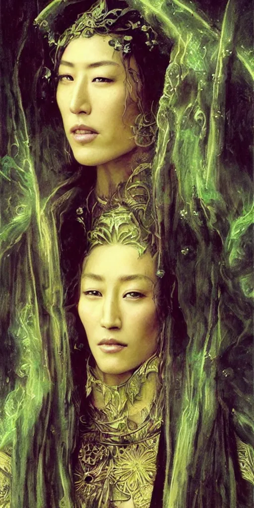Image similar to epic masterpiece portrait of priestess played by dichen lachman, followed by head with many souls, beautiful face and flawless skin, perfect hands, emeralds by Edgar Maxence and Ross Tran and Michael Whelan