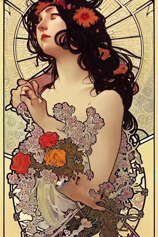 Image similar to pain(t) by alphonse mucha by james jean and by ross tran