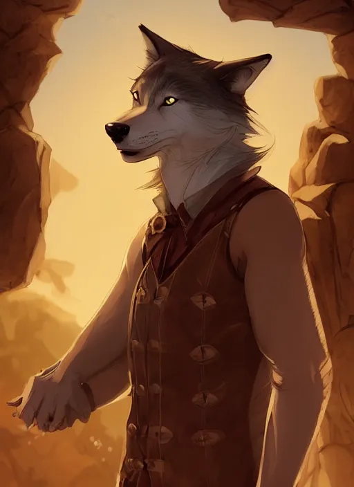 Image similar to beautiful portrait commission of a male furry anthro timber wolf eyes wearing old-timey Sherriff's clothes in an old-timey desert town. Atmospheric. Character design by charlie bowater, ross tran, artgerm, and makoto shinkai, detailed, inked, western comic book art