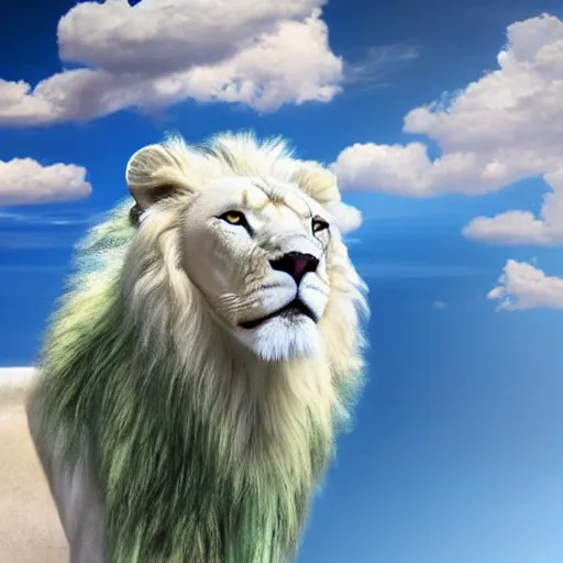 Image similar to ethernal giant white lion with angelic white mane and bright glowing mint eyes blending into white clouds in a heavenly blue sky