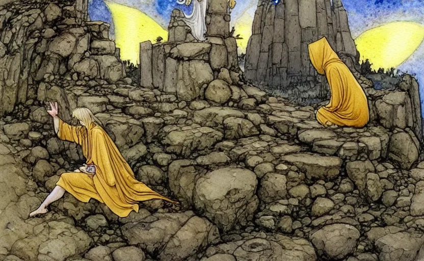 Prompt: a realistic and atmospheric watercolour fantasy concept art of a golden ufo landing on top of a megalithic ruin. female medieval monk in grey robes kneeling with her hands by her sides. by rebecca guay, michael kaluta, charles vess and jean moebius giraud