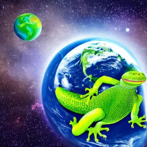 Image similar to an enormous green gecko hugging planet earth, space background