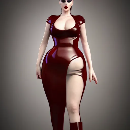 Prompt: a curvy pale goth woman wearing a royal elegant tight dark red multilayered latex high-neck dress, cgsociety, photorealistic, sublime-cool-hot-hyperadvanced, 16k, smooth, sharp focus, trending on ArtStation, volumetric lighting, fully clothed, thin waist